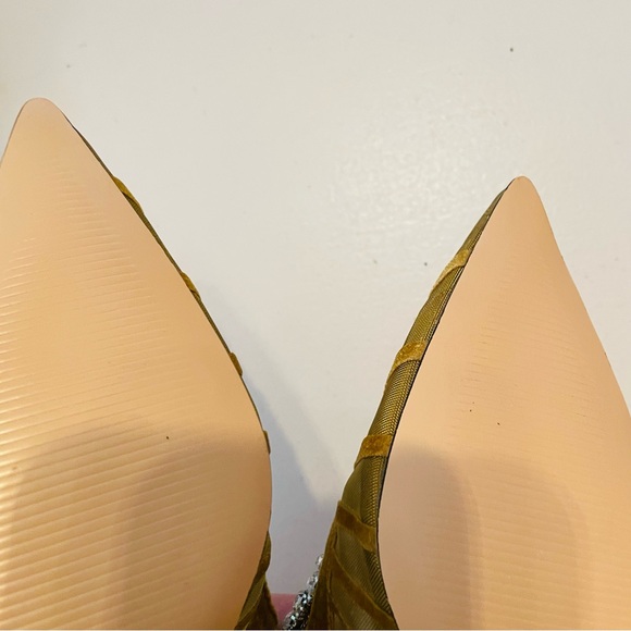 Faux Velvet Mustard Rhinestone Crystal Arch Heels Mules - Picture 8 of 10